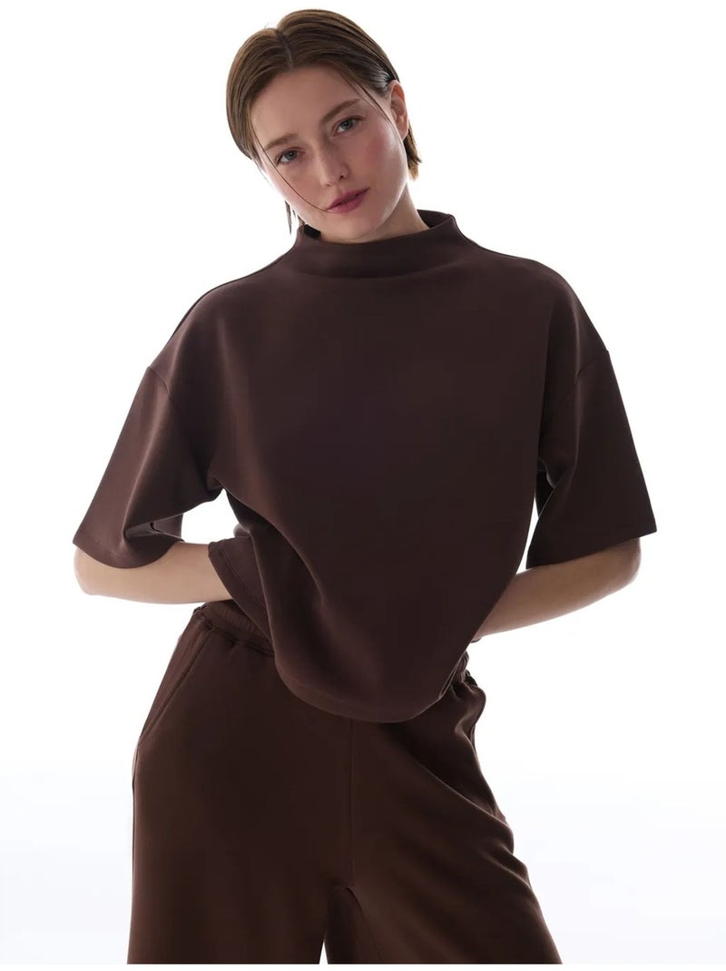 T-shirt met hoge hals modal penti Chocoladebruin - Kiabi