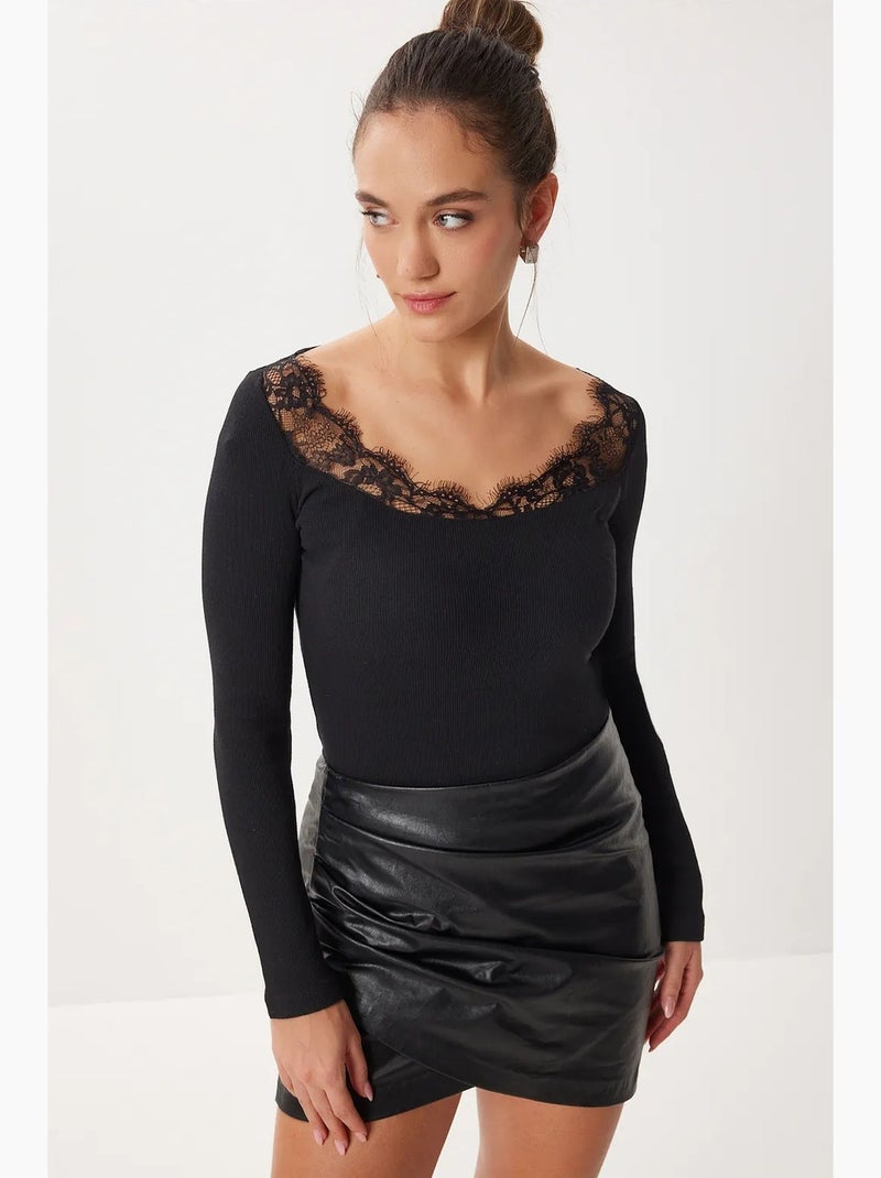 T-shirt met kanten details lange mouw istanbul Zwart - Kiabi