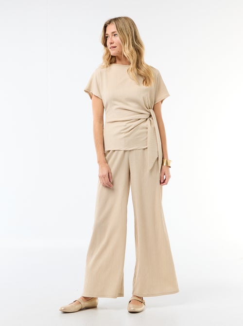 T-shirt met korte gedrapeerde mouwen en strik van crêpe tricot - Kiabi