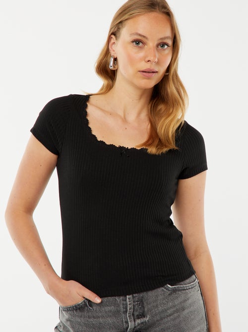 T-shirt met korte mouw met kant en strikje - Kiabi