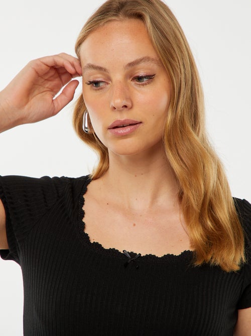 T-shirt met korte mouw met kant en strikje - Kiabi