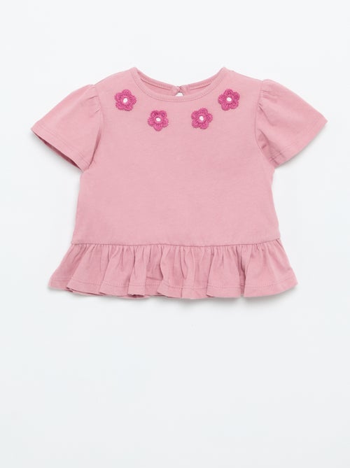 T-shirt met korte mouwen, borduursels en gerimpelde onderkant - Kiabi