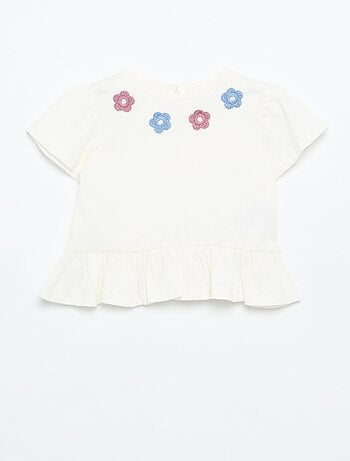 T-shirt met korte mouwen, borduursels en gerimpelde onderkant