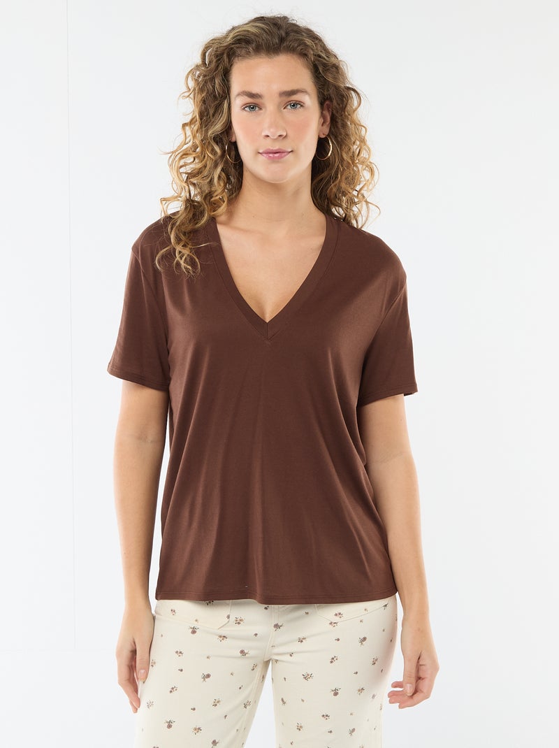 T-shirt met korte mouwen en V-hals Bruin - Kiabi