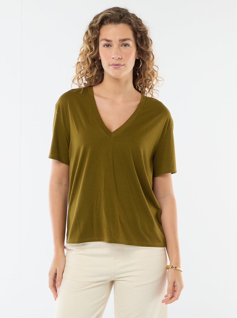 T-shirt met korte mouwen en V-hals Groen - Kiabi