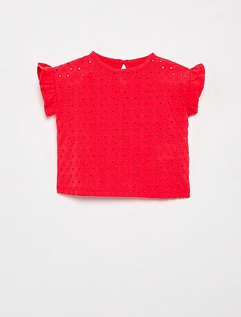 T-shirt met korte mouwen met ruches en Engels borduurwerk