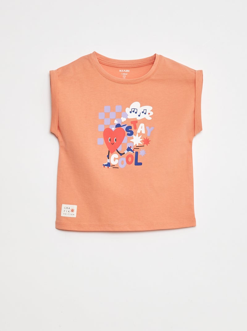 T-shirt met korte mouwinzetten met omslag - Grafik Edition Rose - Kiabi