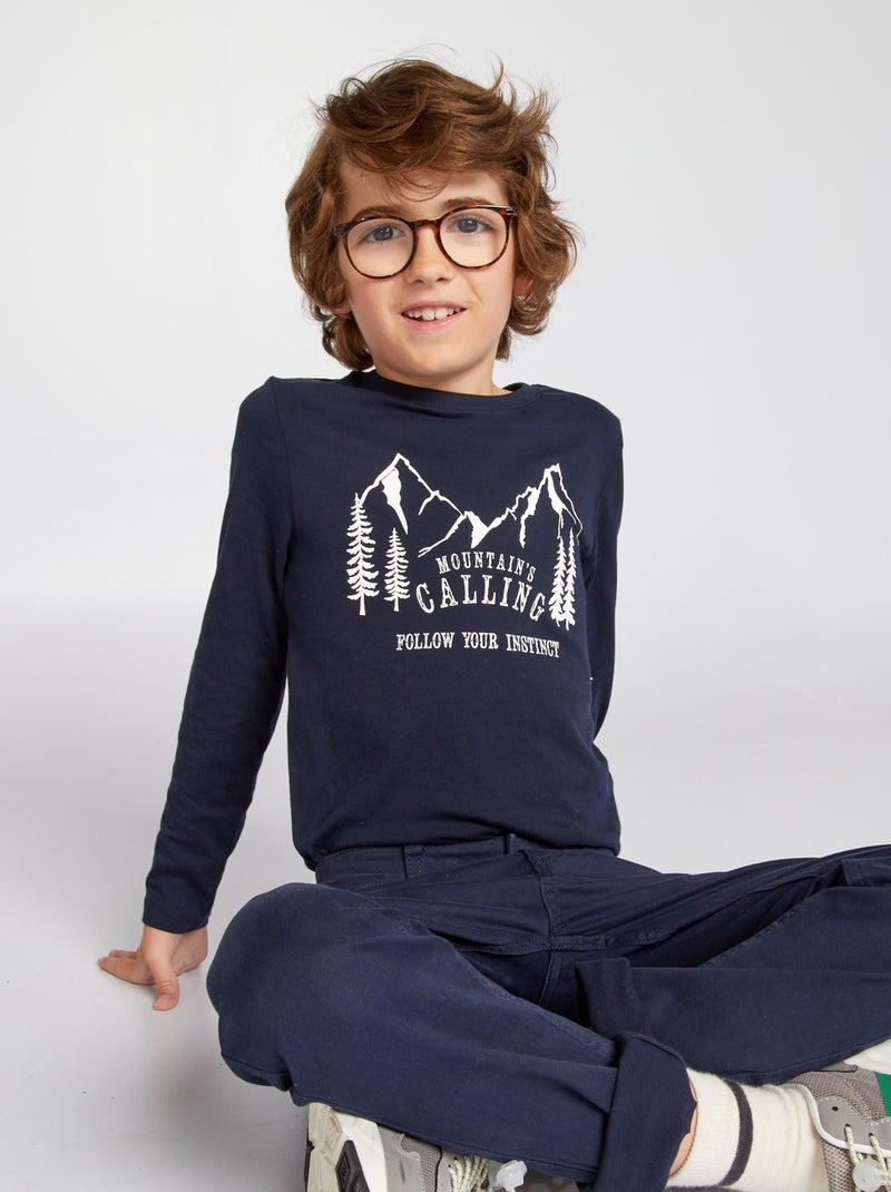 T-shirt met lange mouw en print BLAUW - Kiabi