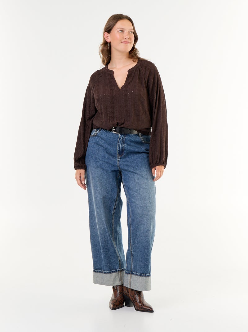T-shirt met lange mouwen en opengewerkte stof Bruin - Kiabi