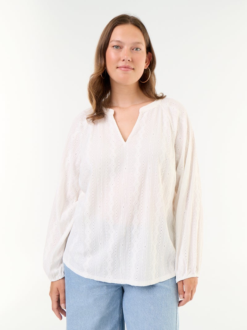 T-shirt met lange mouwen en opengewerkte stof Wit - Kiabi