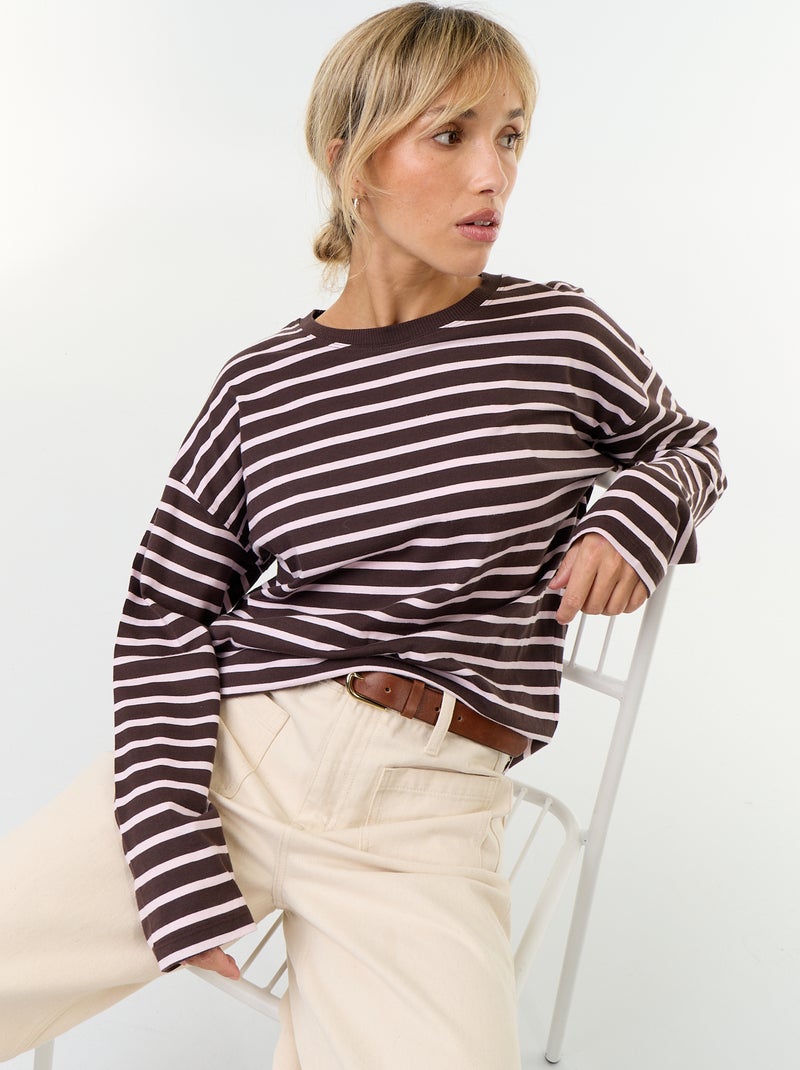 T-shirt met lange mouwen en strepen Bruin - Kiabi