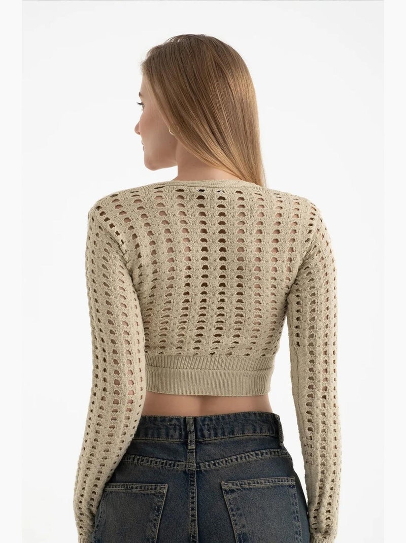 T-shirt met lange mouwen gehaakt opengewerkt ronde hals hiccup Klei-beige - Kiabi