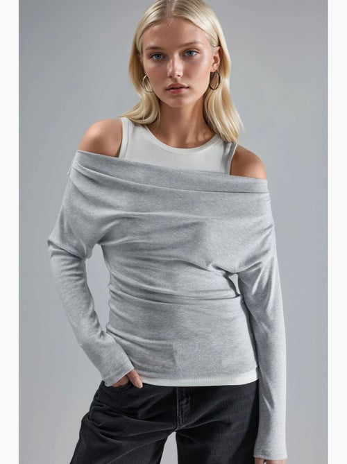 T-shirt met lange mouwen off-shoulder dubbele laag gebreid hiccup - Kiabi T-shirt met lange mouwen off-shoulder dubbele laag gebreid hiccup - Kiabi