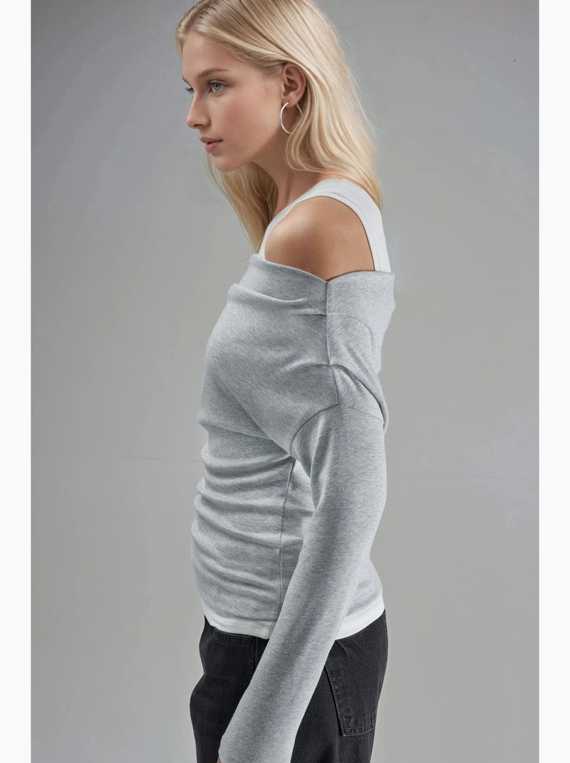 T-shirt met lange mouwen off-shoulder dubbele laag gebreid hiccup Grijs - Kiabi