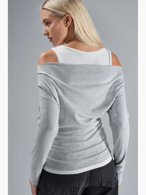 T-shirt met lange mouwen off-shoulder dubbele laag gebreid hiccup - Kiabi T-shirt met lange mouwen off-shoulder dubbele laag gebreid hiccup - Kiabi