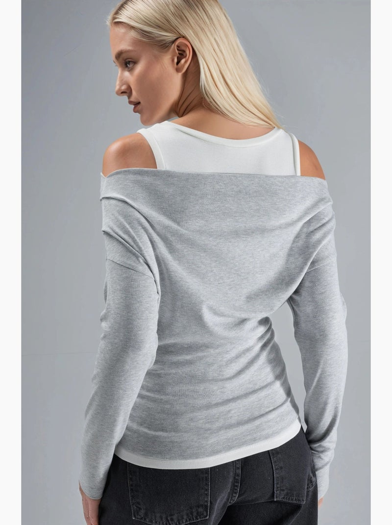 T-shirt met lange mouwen off-shoulder dubbele laag gebreid hiccup Grijs - Kiabi