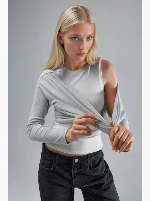 T-shirt met lange mouwen off-shoulder dubbele laag gebreid hiccup - Kiabi T-shirt met lange mouwen off-shoulder dubbele laag gebreid hiccup - Kiabi
