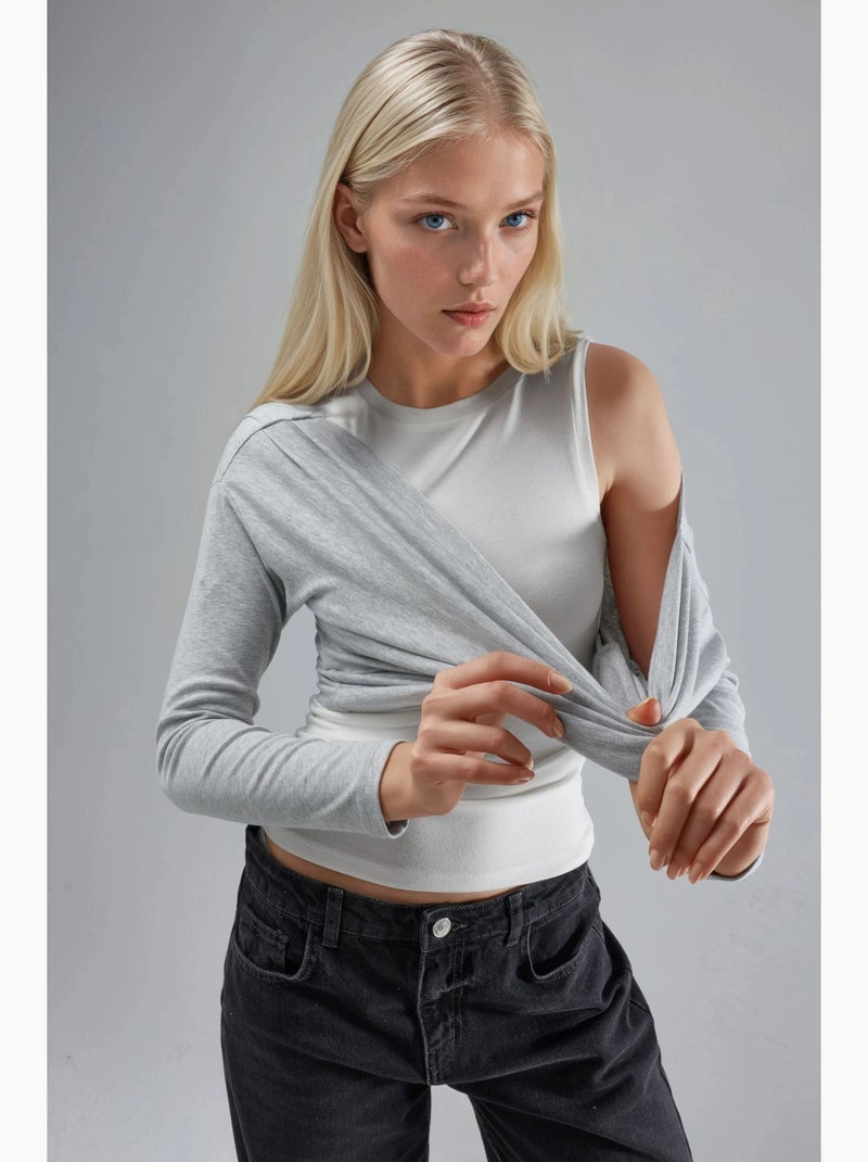 T-shirt met lange mouwen off-shoulder dubbele laag gebreid hiccup Grijs - Kiabi