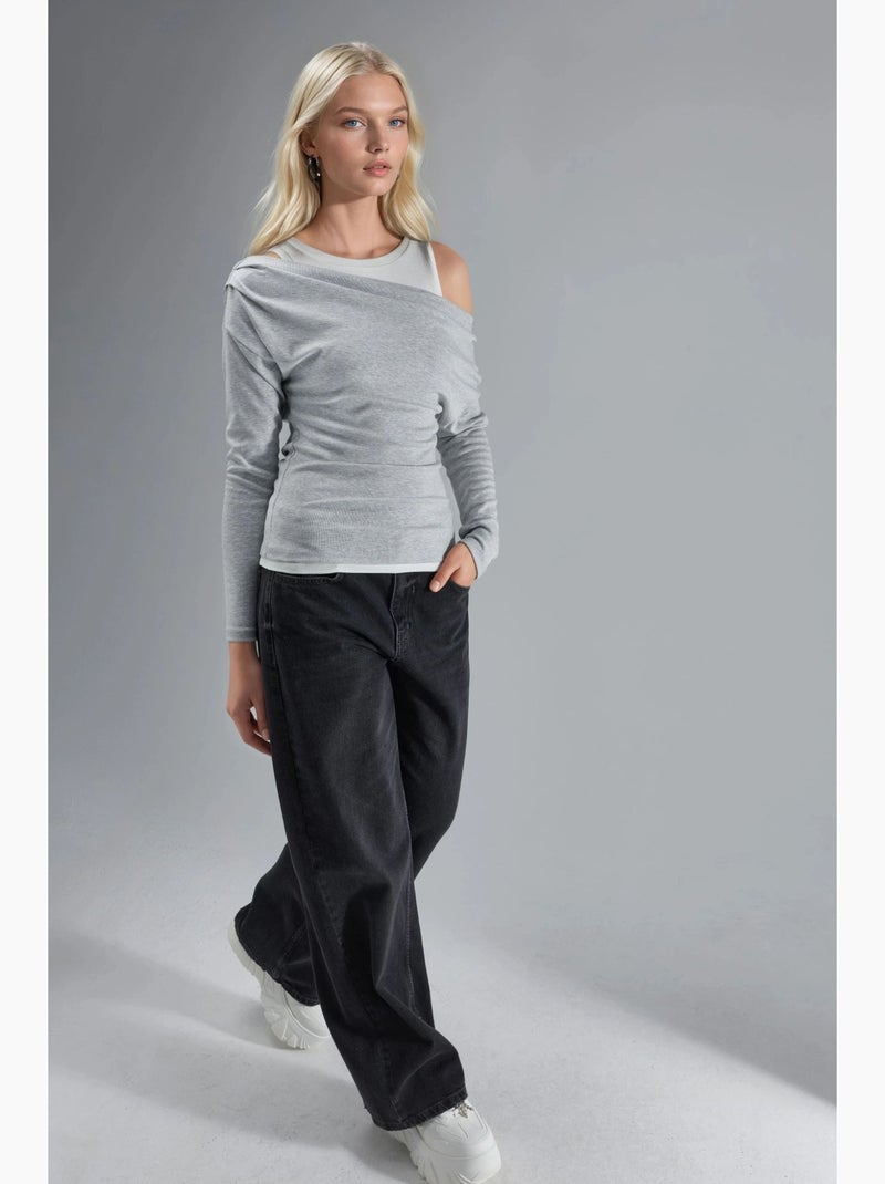 T-shirt met lange mouwen off-shoulder dubbele laag gebreid hiccup Grijs - Kiabi