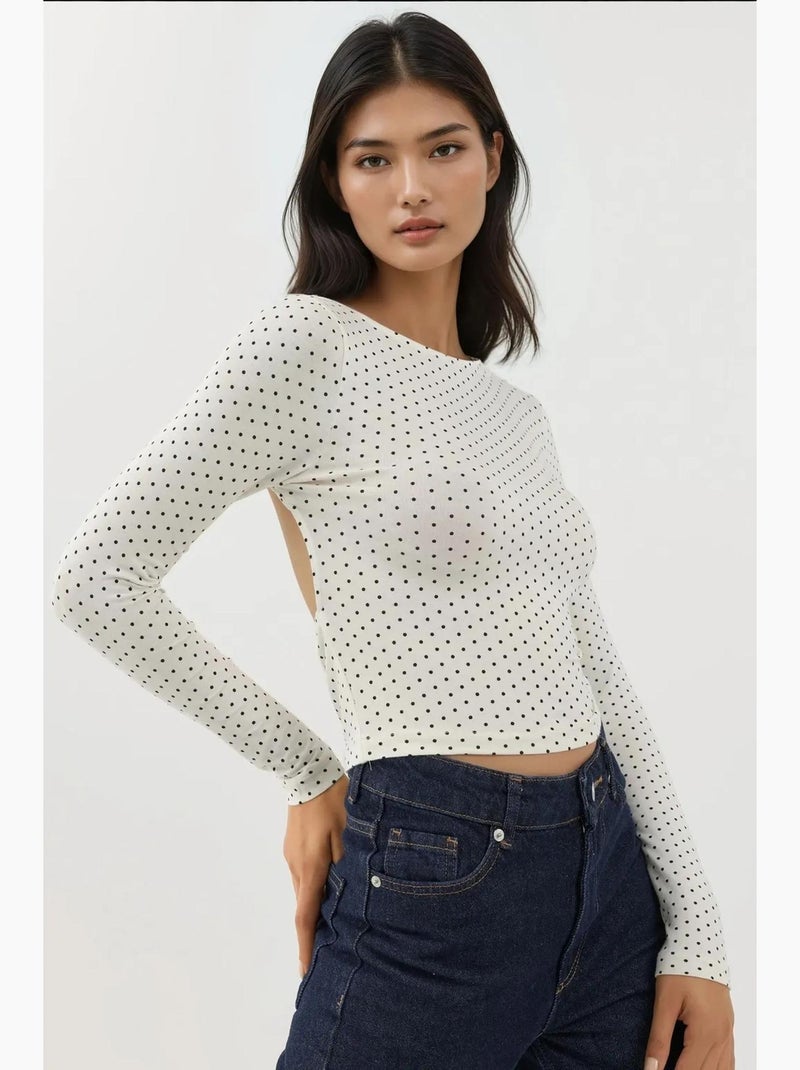 T-shirt met lange mouwen open rug stippen aansluitend hiccup Wit - Kiabi