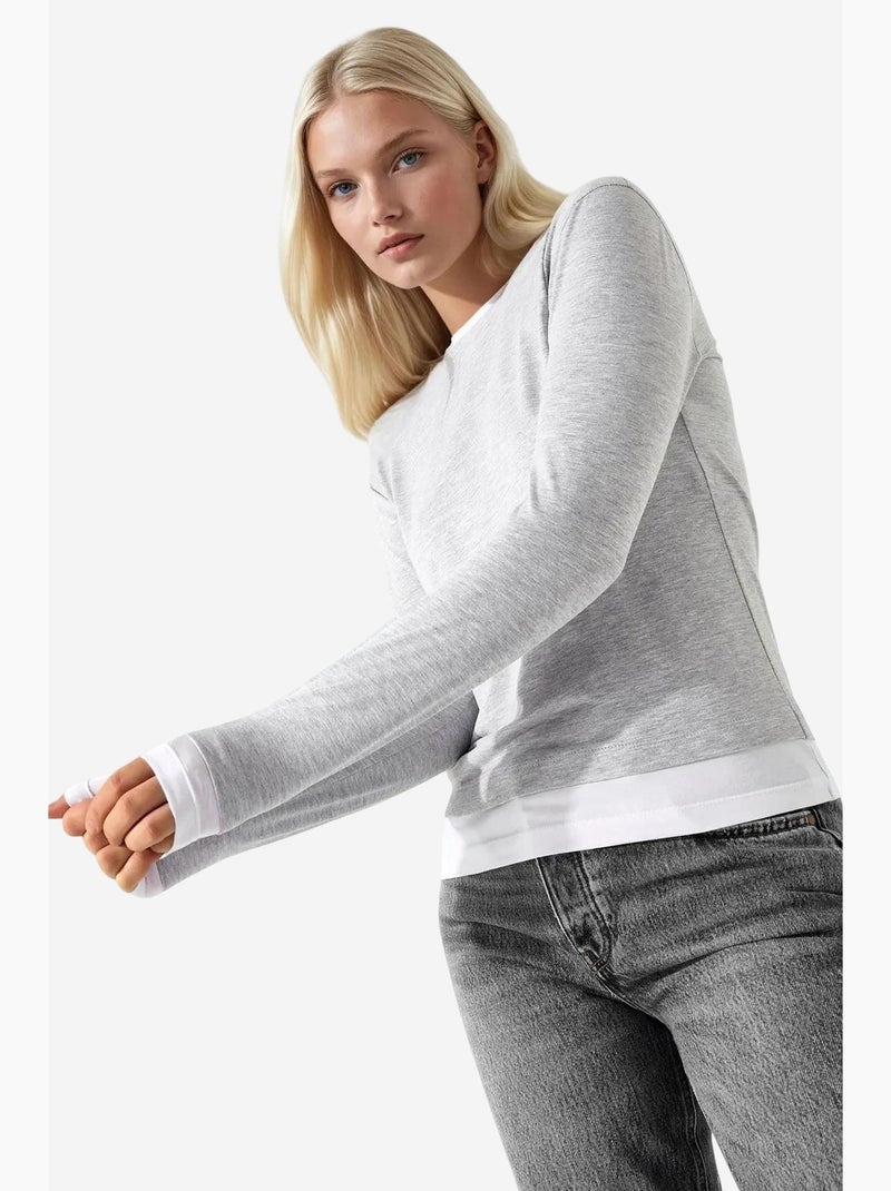 T-shirt met lange mouwen textuur ronde hals aansluitend hiccup Lichtgrijs - Kiabi