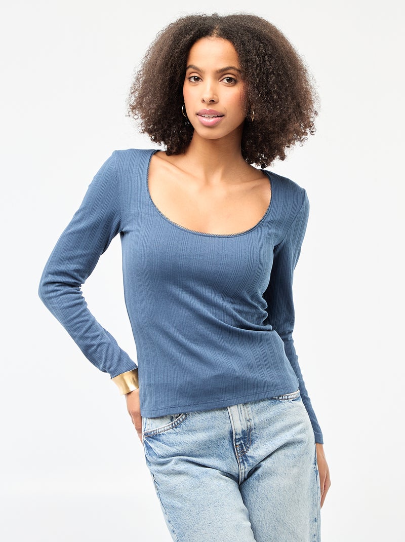 T-shirt met lange mouwen van pointelletricot Blauw - Kiabi