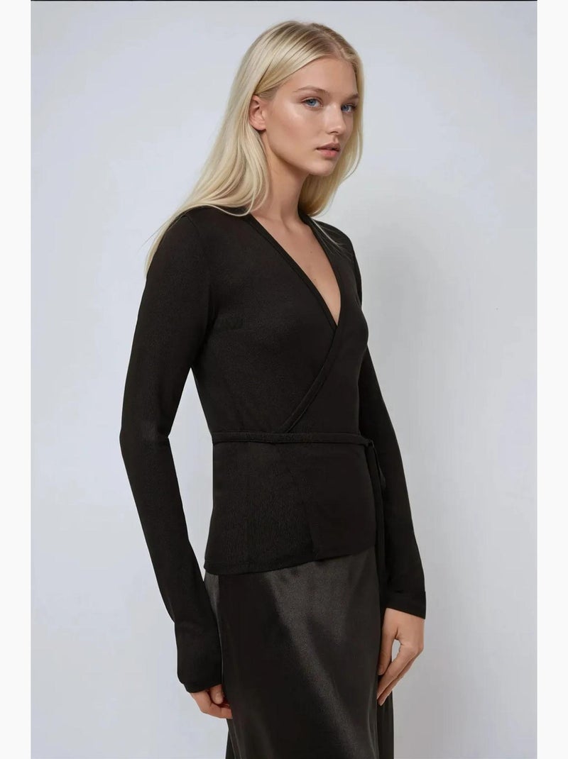 T-shirt met lange mouwen zacht viscose v-hals hiccup Zwart - Kiabi