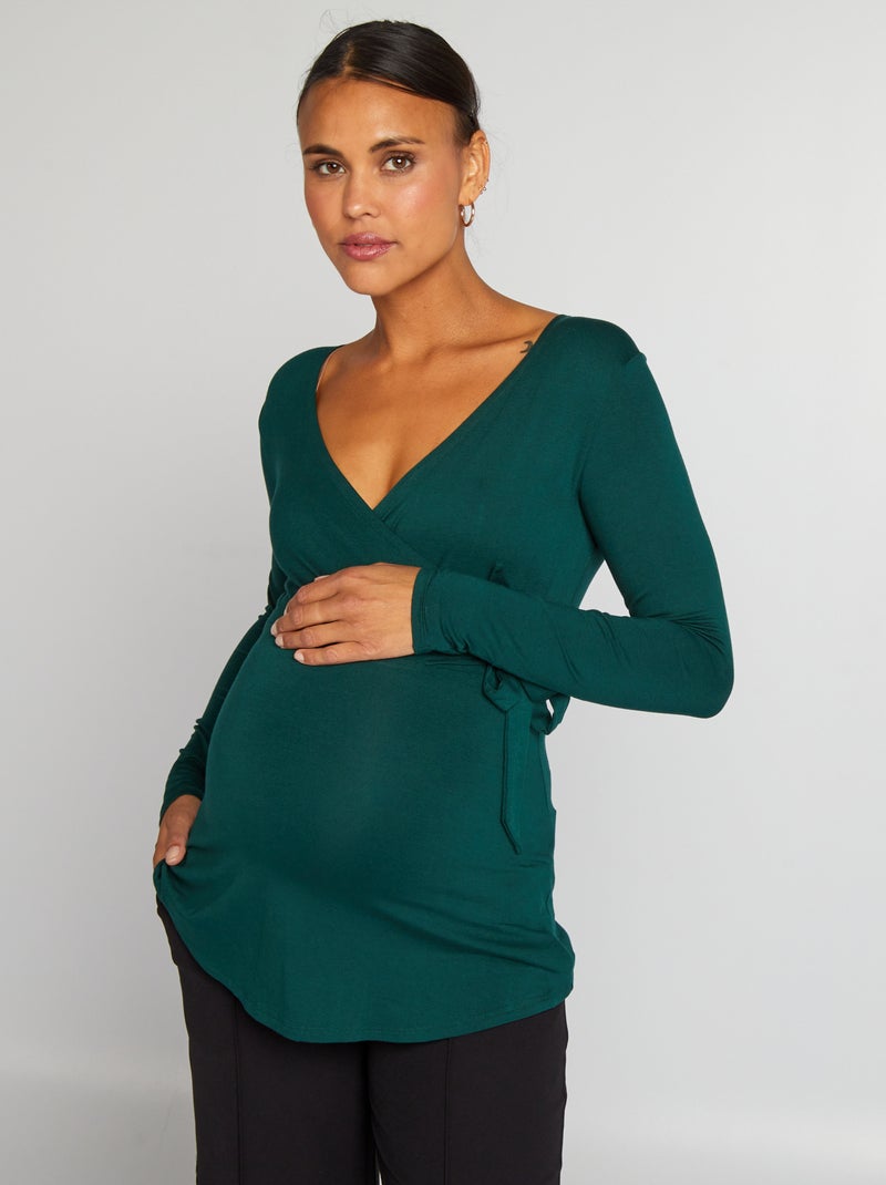 T-shirt met overslaghals GROEN - Kiabi