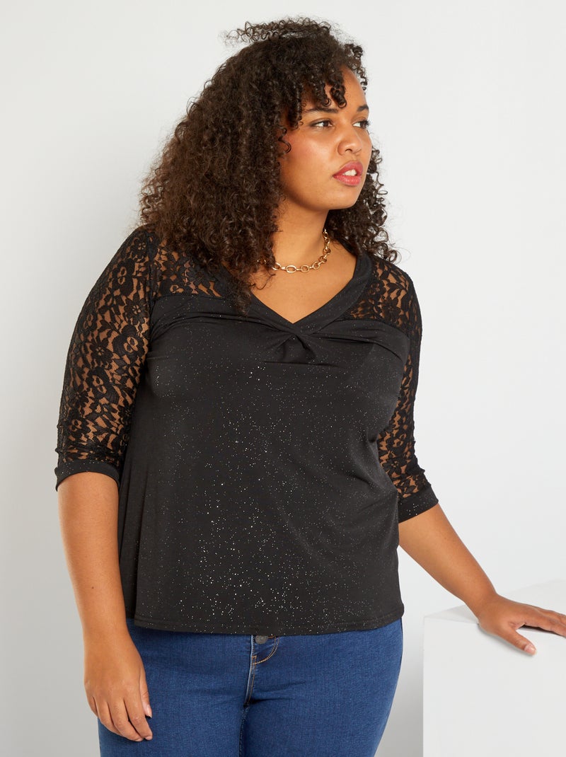 T-shirt met pailletten en kant zwart - Kiabi