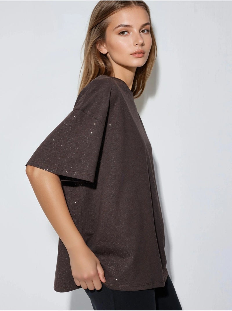 T-shirt met pailletten, ronde hals en korte mouwen busem Donkerbruin - Kiabi