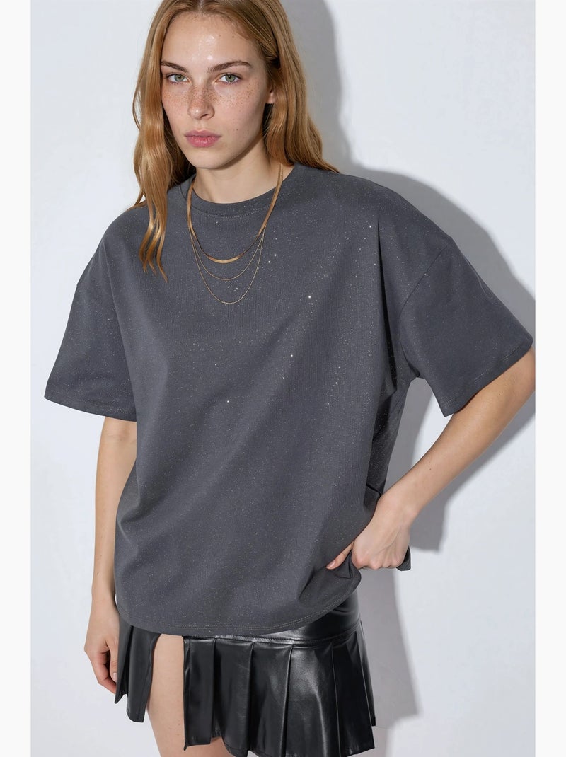T-shirt met pailletten, ronde hals en korte mouwen busem Donkergrijs - Kiabi