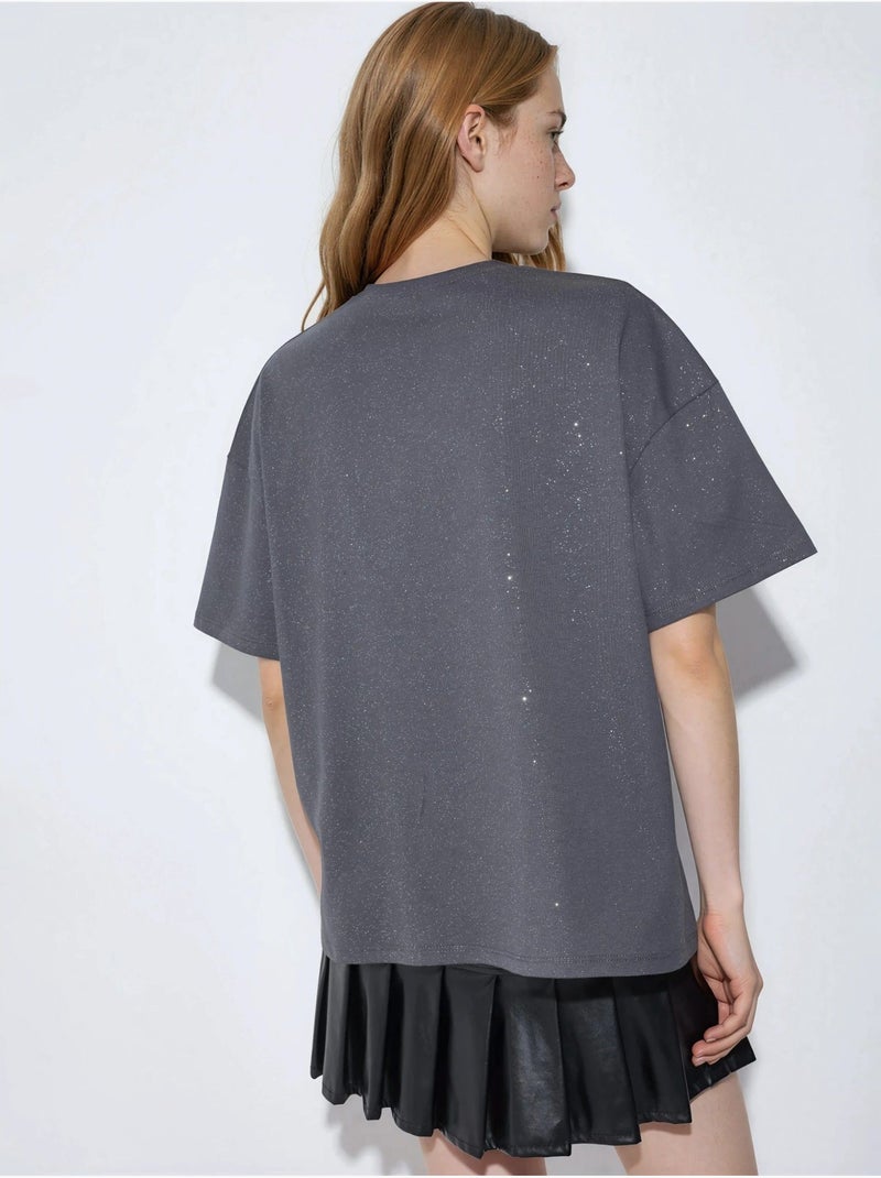 T-shirt met pailletten, ronde hals en korte mouwen busem Donkergrijs - Kiabi