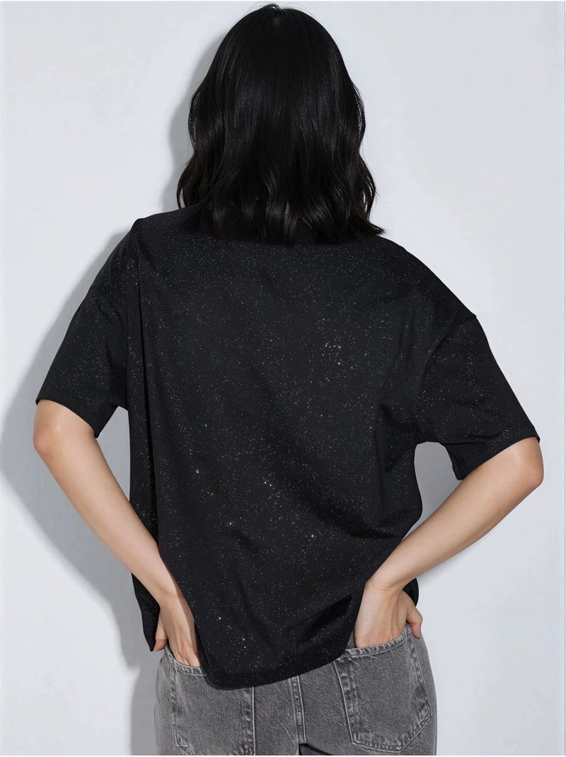 T-shirt met pailletten, ronde hals en korte mouwen busem Zwart - Kiabi