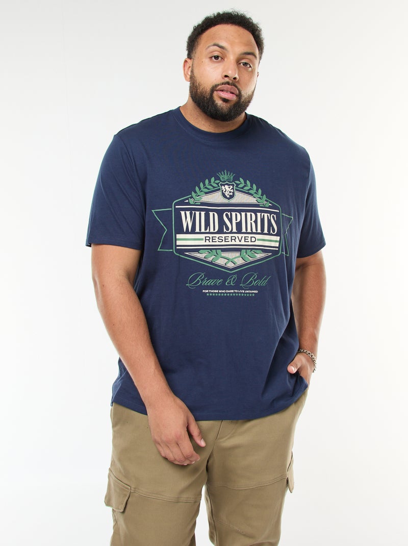 T-shirt met print, korte mouw en ronde hals Blauw - Kiabi