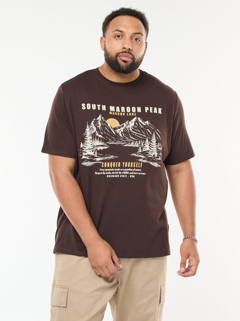 T-shirt met print, korte mouw en ronde hals Bruin - Kiabi