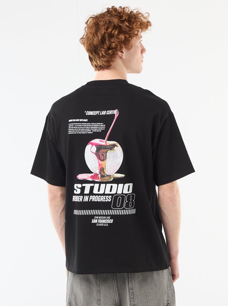 T-shirt met prints voor en achter van effen katoen Zwart - Kiabi