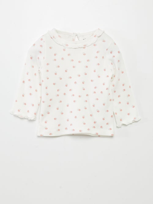 T-shirt met ribbeltextuur en volants rond de hals - Kiabi