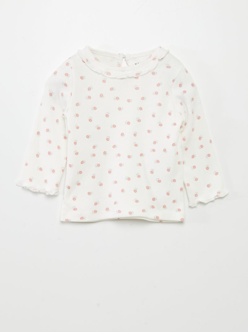 T-shirt met ribbeltextuur en volants rond de hals WIT - Kiabi