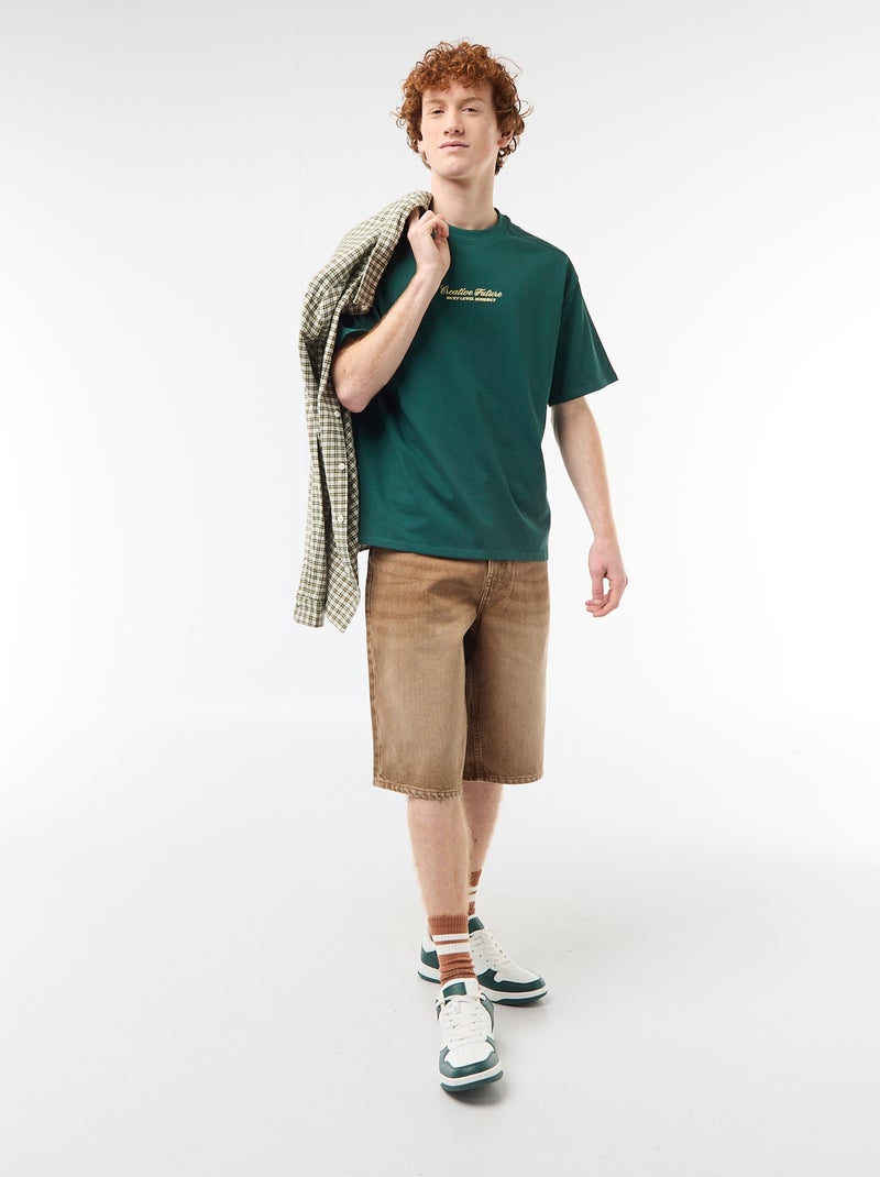 T-shirt met ronde hals en contrasterend borduursel Groen - Kiabi