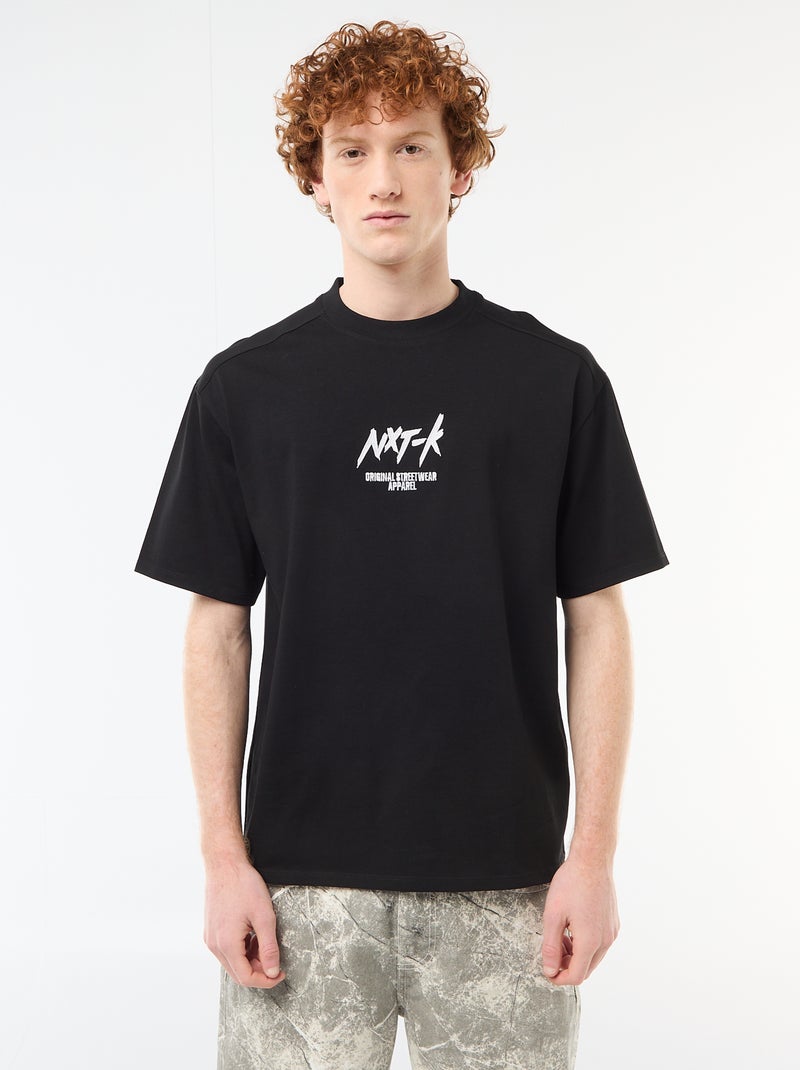 T-shirt met ronde hals en contrasterend borduursel Zwart - Kiabi