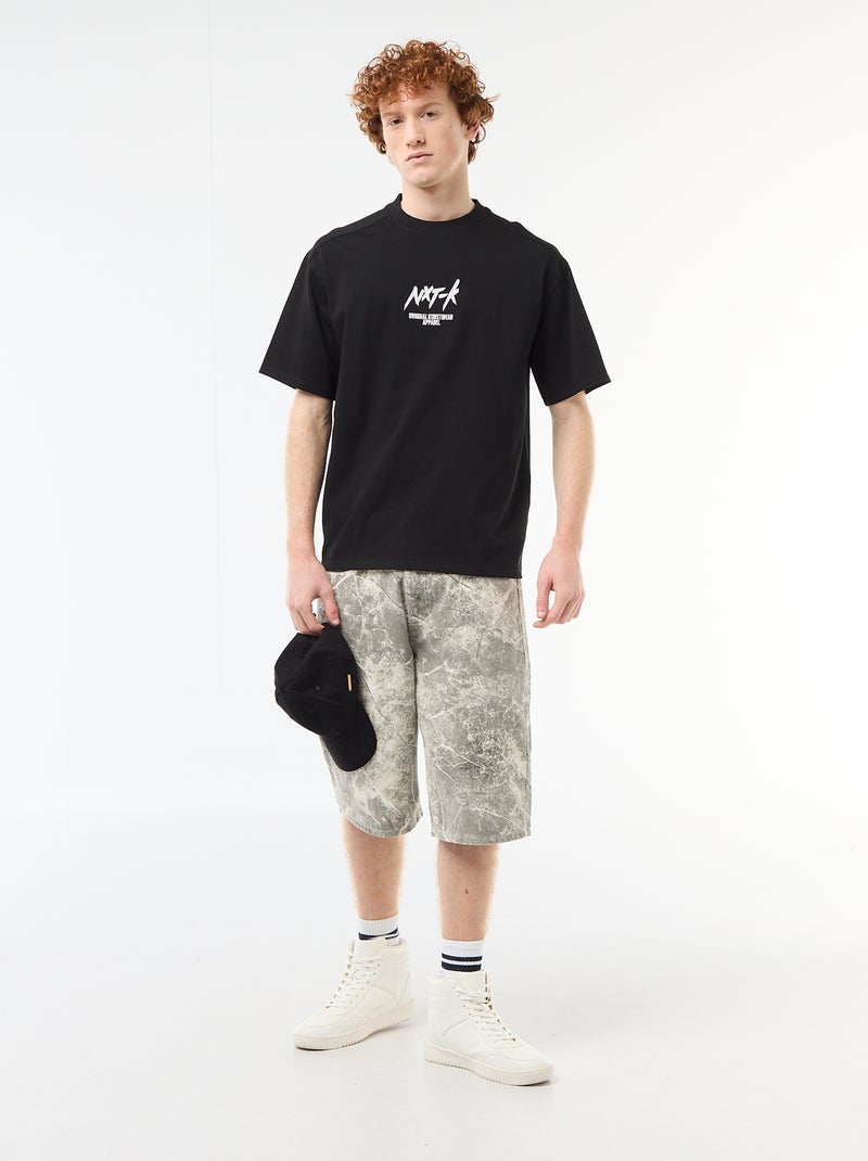 T-shirt met ronde hals en contrasterend borduursel Zwart - Kiabi