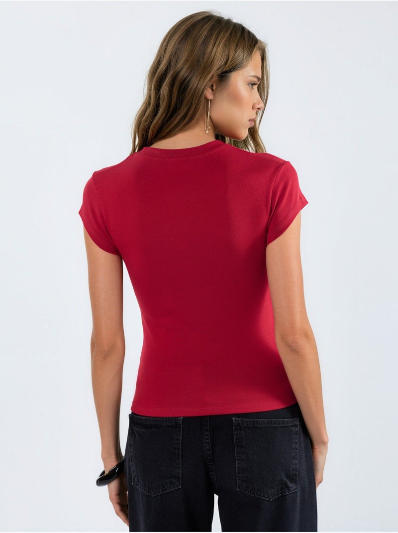 T-shirt met ronde hals en geborduurde hartjesprint busem Rood - Kiabi