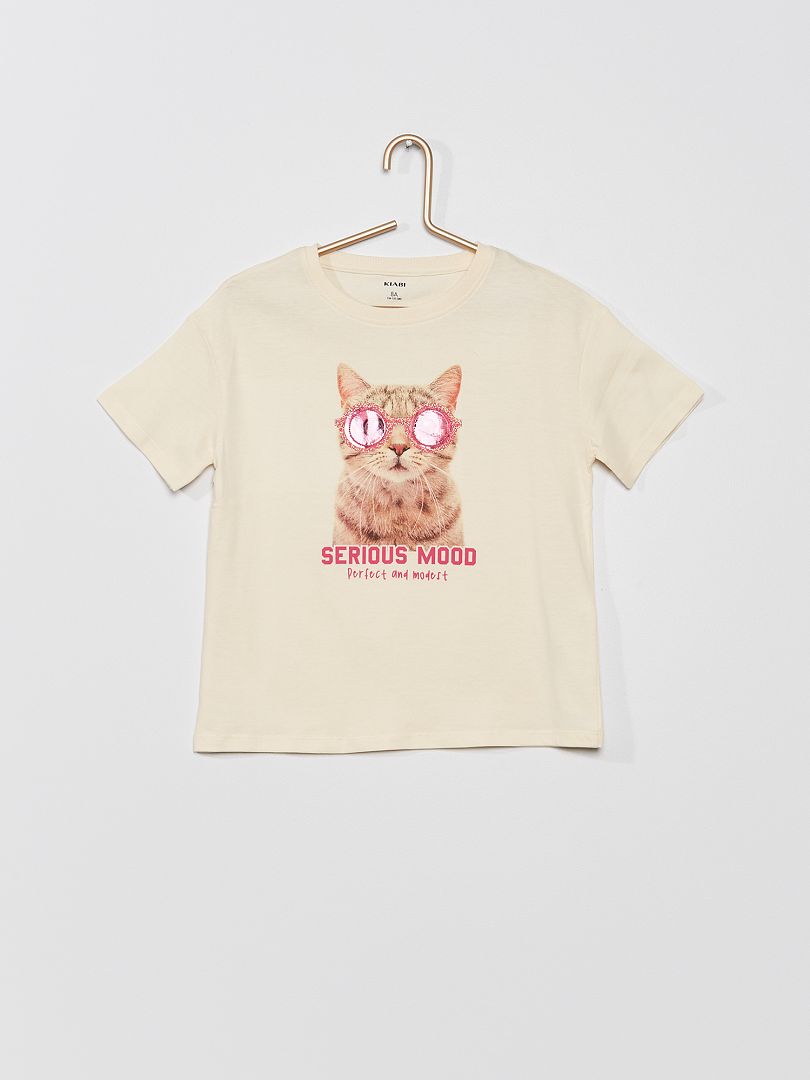 T-shirt met ronde hals en katje BIEGE - Kiabi