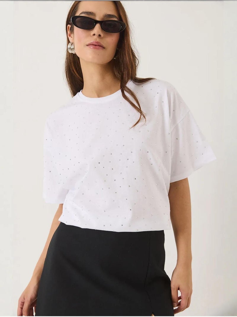 T-shirt met ronde hals en korte mouwen en paillettendetail lucci Wit - Kiabi