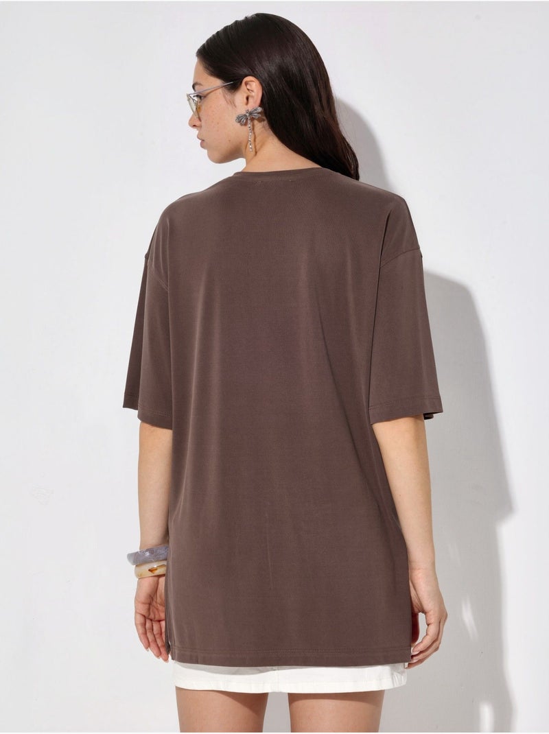 T-shirt met ronde hals en korte mouwen met splitdetail busem Bruin - Kiabi