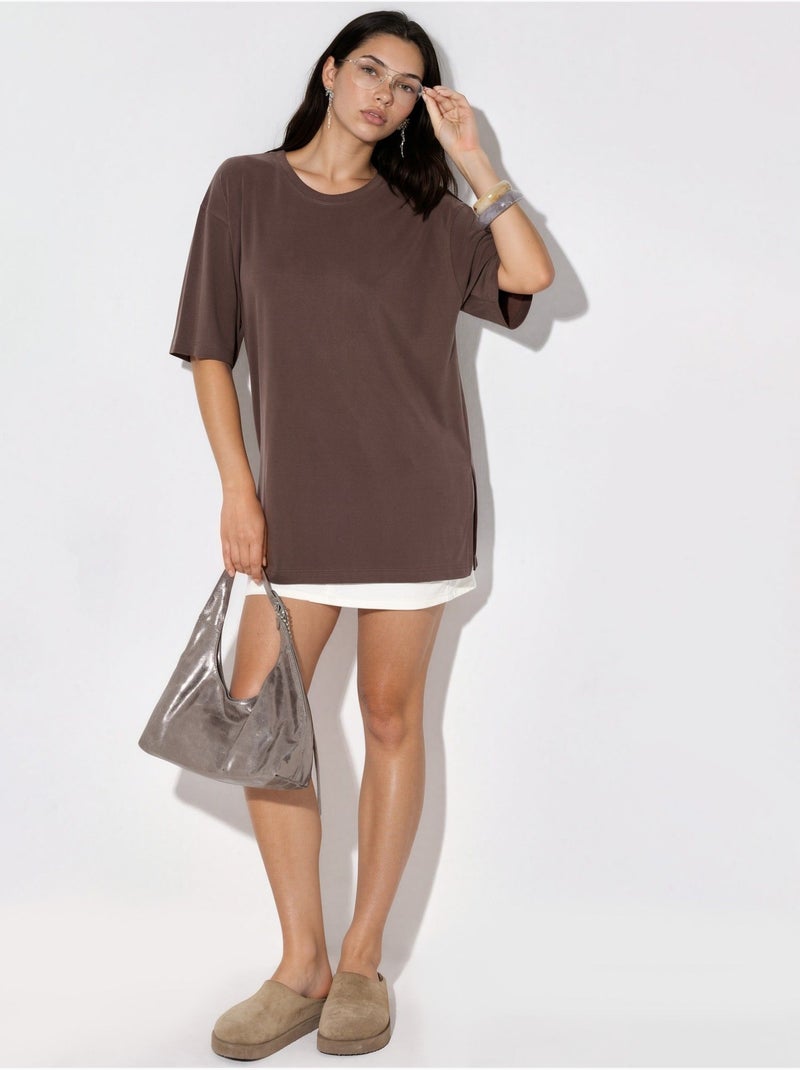 T-shirt met ronde hals en korte mouwen met splitdetail busem Bruin - Kiabi