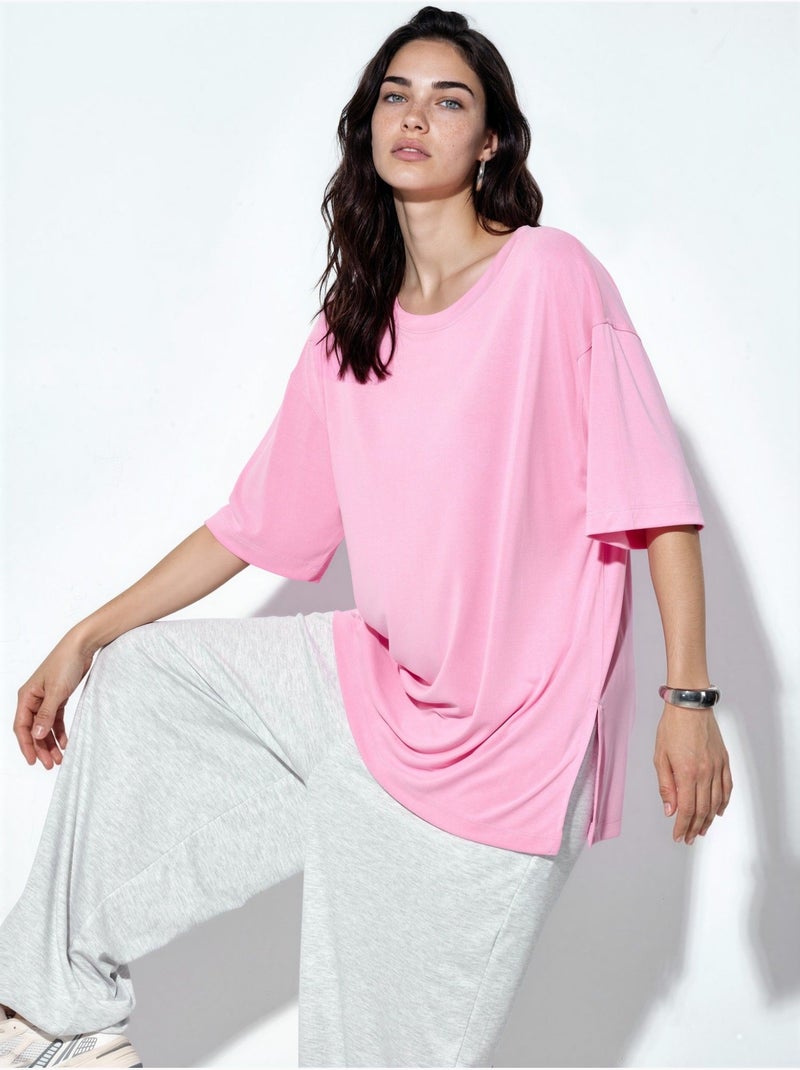 T-shirt met ronde hals en korte mouwen met splitdetail busem Roze - Kiabi