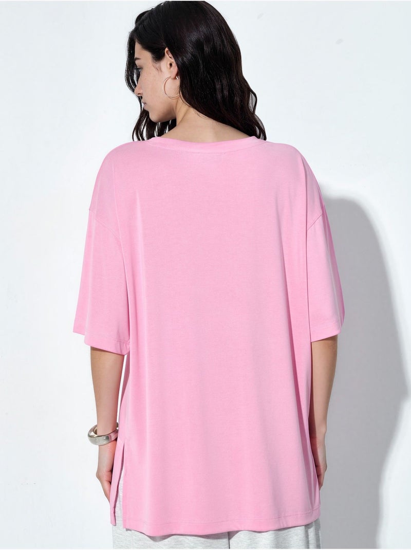 T-shirt met ronde hals en korte mouwen met splitdetail busem Roze - Kiabi