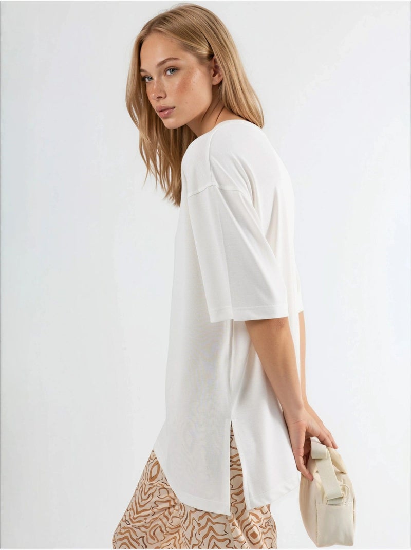 T-shirt met ronde hals en korte mouwen met splitdetail busem Wit - Kiabi