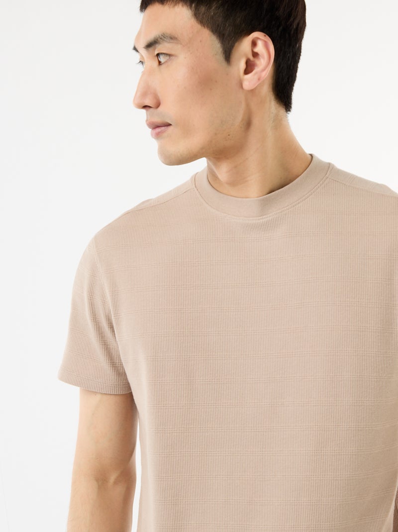 T-shirt met ronde hals en korte mouwen van gewafelde stof Biege - Kiabi